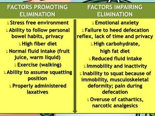 Parasympathetic defecation reflexCommon Bowel Elimination ProblemsConstipation. Decreased frequency of bowel movements accompanied by prolonged or difficult passage of dry hard stoolImpaction. Collection of hardened feces wedged in the rectumDiarrhea. Increase in number of stools and the passage of liquid, unformed feces.Incontinence	Flatulence	Hemorrhoids