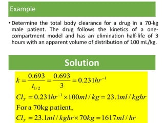 Example
• Determine the total body clearance for a drug in a 70-kg
male patient. The drug follows the kinetics of a one-
compartment model and has an elimination half-life of 3
hours with an apparent volume of distribution of 100 mL/kg.
Solution
hrmlkgkghrmlCl
kghrmlkgmlhrCl
hr
t
k
T
T
/161770/1.23
patient,70kgaFor
/1.23/100231.0
231.0
3
693.0693.0
1
1
2/1





 