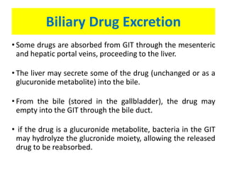 Biliary Drug Excretion
• Some drugs are absorbed from GIT through the mesenteric
and hepatic portal veins, proceeding to the liver.
• The liver may secrete some of the drug (unchanged or as a
glucuronide metabolite) into the bile.
• From the bile (stored in the gallbladder), the drug may
empty into the GIT through the bile duct.
• if the drug is a glucuronide metabolite, bacteria in the GIT
may hydrolyze the glucronide moiety, allowing the released
drug to be reabsorbed.
 