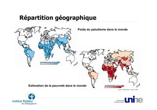Répartition géographique
                                   Poids du paludisme dans le monde




  Estimation de la pauvreté dans le monde
 