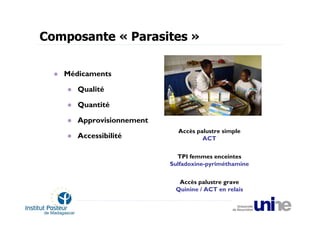 Composante « Parasites »

   Médicaments

      Qualité

      Quantité

      Approvisionnement
                            Accès palustre simple
      Accessibilité                 ACT

                            TPI femmes enceintes
                          Sulfadoxine-pyriméthamine

                            Accès palustre grave
                           Quinine / ACT en relais
 