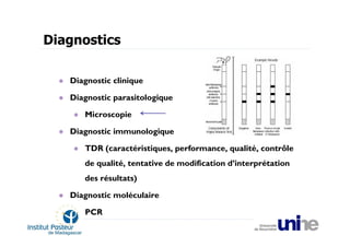 Diagnostics

   Diagnostic clinique

   Diagnostic parasitologique

      Microscopie

   Diagnostic immunologique

      TDR (caractéristiques, performance, qualité, contrôle
      de qualité, tentative de modification d’interprétation
      des résultats)

   Diagnostic moléculaire

      PCR
 