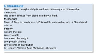 A. Haemodialysis
Blood passes through a dialysis machine containing a semipermeable
membrane.
The poison diffuses from blood into dialysis fluid.
Mechanism
Blood → Dialysis membrane → Poison diffuses into dialysate → Clean blood
returns
Best for
Poisons that are
Water soluble
Low molecular weight
Low protein binding
Low volume of distribution
Ex: Lithium, Valproic Acid, Methanol, Salicylates
 