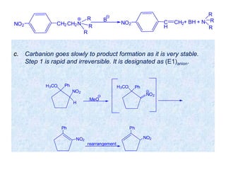 c. Carbanion goes slowly to product formation as it is very stable.
Step 1 is rapid and irreversible. It is designated as (E1)anion.
CH2NO2 CH2N
R
R
R
C
H
NO2 CH2+ BH + N
R
R
R
B
H3CO Ph
NO2
H
H3CO Ph
NO2
Ph
MeO
Ph
NO2
rearrangement
NO2
 