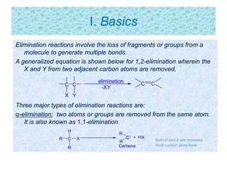 I. Basics
Elimination reactions involve the loss of fragments or groups from a
molecule to generate multiple bonds.
A generalized equation is shown below for 1,2-elimination wherein the
X and Y from two adjacent carbon atoms are removed,
Three major types of elimination reactions are:
α-elimination: two atoms or groups are removed from the same atom.
It is also known as 1,1-elimination.
C C
YX
elimination
-XY
C C
C
H
XR
R
C
R
R
+ HX
Carbene
Both H and X are removed
from carbon atom here
 