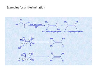 Ph
Ph
Cl
NaOEt / EtOH
500
H Ph
Ph
H
Ph Ph
+
E-1,2-diphenylpropene Z-1,2-diphenylpropene
H
Ph
H
Ph
Me
N
Ph H
Me Ph
Br
Me
H
Me
H
Br
I
Me H
H Me
EtO
Examples for anti-elimination
 