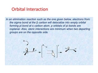 In an elimination reaction such as the one given below, electrons from
the sigma bond at the β carbon will delocalize into empty orbital
forming pi bond at α carbon atom. p orbitals of pi bonds are
coplanar. Also, steric interactions are minimum when two departing
groups are on the opposite side.
Orbital Interaction
 