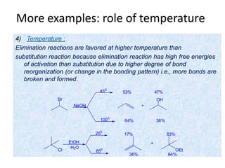 4) Temperature :
Elimination reactions are favored at higher temperature than
substitution reaction because elimination reaction has high free energies
of activation than substitution due to higher degree of bond
reorganization (or change in the bonding pattern) i.e., more bonds are
broken and formed.
Br
NaOH
450
1000
+
OH
53% 47%
64% 36%
Cl
EtOH
H2O
OEt
17% 83%
36% 64%
250
650
+
More examples: role of temperature
 