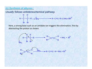 (c) Synthesis of alkynes :
Usually follows antistereochemical pathway.
C CR
H H
R + 2 NH2
Br
R C C R +2 NH3+2Br
Br
C CR
H
Br
H
R
Br
NH2
C C + NH3 + Br
NH2
R C C R + NH3 + Br
R
Br
H
R
C C
R
Br
H
R
Here, a strong base such as an amidate ion triggers the elimination, first by
abstracting the proton as shown.
 