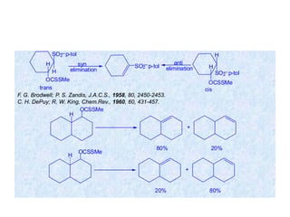 F. G. Brodwell; P. S. Zandis, J.A.C.S., 1958, 80, 2450-2453.
C. H. DePuy; R. W. King, Chem.Rev., 1960, 60, 431-457.
SO2 p-tol
H
H
OCSSMe
SO2 p-tol
H
SO2 p-tol
H
OCSSMe
anti
elimination
syn
elimination
trans cis
OCSSMe
H
+
80% 20%
OCSSMe
H
+
20% 80%
 