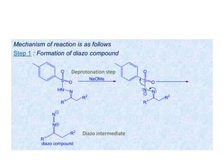 Mechanism of reaction is as follows
Step 1 : Formation of diazo compound
S
O
O
HN N
R1
R2
NaOMe S
O
O
N N
R1
R2
N
N
R1
R2
diazo compound
Deprotonation step
Diazo intermediate
 