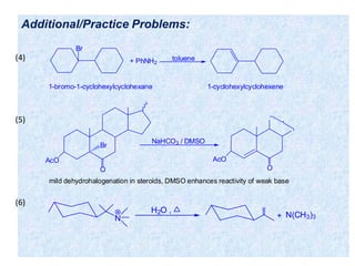 Additional/Practice Problems:
Br
+ PhNH2
toluene
1-bromo-1-cyclohexylcyclohexane 1-cyclohexylcyclohexene
AcO
Br
NaHCO3 / DMSO
AcO
O
mild dehydrohalogenation in steroids, DMSO enhances reactivity of weak base
O
(6)
(4)
H2O ,
N + N(CH3)3
(5)
 