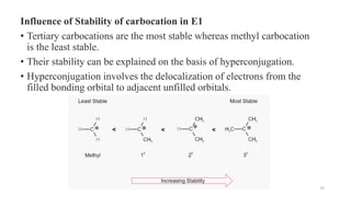 Influence of Stability of carbocation in E1
• Tertiary carbocations are the most stable whereas methyl carbocation
is the least stable.
• Their stability can be explained on the basis of hyperconjugation.
• Hyperconjugation involves the delocalization of electrons from the
filled bonding orbital to adjacent unfilled orbitals.
12
 