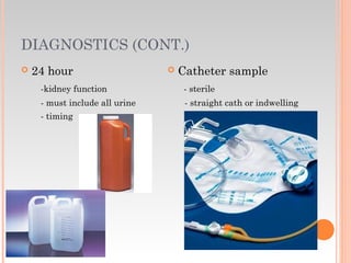 DIAGNOSTICS (CONT.)
 24 hour
-kidney function
- must include all urine
- timing
 Catheter sample
- sterile
- straight cath or indwelling
 