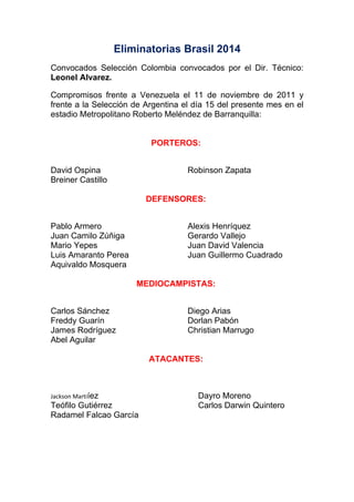 Lista de convocados por el técnico Leonel Alvarez para enfrentar a los seleccionados de Venezuela y Argentina los días 11 y 15 de noviembre próximo.