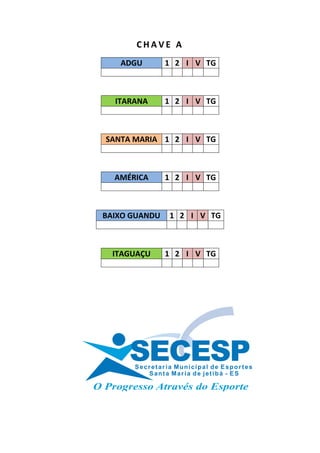 CHAVE A
   ADGU             1 2 I V TG



  ITARANA           1 2 I V TG



SANTA MARIA 1 2 I V TG



  AMÉRICA           1 2 I V TG



BAIXO GUANDU          1 2 I V TG



  ITAGUAÇU          1 2 I V TG




     SECESP
      S e c r e t a r i a Mu n i c i p a l d e E s p o r t e s
             S a n t a Ma r i a d e j e t i b á - E S
 