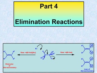 Part 4
Elimination Reactions
Cl
H R2
R1
R3
R4
R2
R1
R4
R3
R2
R1
R4
R3
Loss of
Stereochemistry
R3
R1
R4
R2
Retension
of
Steroechemistry
Rate =k[R-Hal][Nu] Rate =k[R-Hal]
B
 