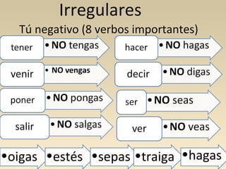 Irregulares
Tú negativo (8 verbos importantes)

•oigas •estés •sepas •traiga •hagas

 