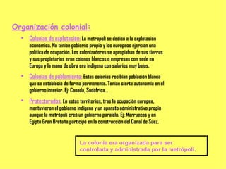 Organización colonial: Colonias de explotación:   La metropolí se dedicó a la explotación económica. No ténían gobierno propio y los europeos ejercían una política de ocupación. Los colonizadores se apropiaban de sus tierras y sus propietarios eran colonos blancos o empresas con sede en Europa y la mano de obra era indígena con salarios muy bajos. Colonias de poblamiento:  Estas colonias recibían población blanca que se establecía de forma permanente. Tenían cierta autonomía en el gobierno interior. Ej: Canada, Sudáfrica… Protectorados :  En estos territorios, tras la ocupación europea, mantuvieron el gobierno indígena y un aparato administrativo propio aunque la metrópoli creó un gobierno paralelo. Ej: Marruecos y en Egipto Gran Bretaña participó en la construcción del Canal de Suez. La colonia era organizada para ser controlada y administrada por la metrópoli . 