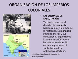 ORGANIZACIÓN DE LOS IMPERIOS COLONIALES LAS COLONIAS DE EXPLOTACIÓN Territorios que por el derecho de  conquista  habían caído en la órbita de la metrópoli. Ésta  imponía  sus funcionarios y sus instituciones, organizando la administración. Fueron  las más extendidas . No existen migraciones ni suplantación de la población autóctona. La India es la colonia de explotación más importante 