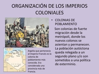 ORGANIZACIÓN DE LOS IMPERIOS COLONIALES COLONIAS DE POBLAMIENTO Son colonias de fuerte migración desde la metrópoli, donde los nuevos colonos se asientan y permanecen. La población autóctona queda relegada a un segundo plano y/o son sometidos a una política de exterminio. Argelia que pertenecía al Imperio Francés es la colonia de poblamiento más conocida. Era considerada una provincia más de Francia. 