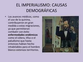 EL IMPERIALISMO: CAUSAS DEMOGRÁFICAS Los avances médicos, como el uso de la quinina, contribuyeron en gran medida a estas migraciones, ya que permitieron combatir con éxito  enfermedades endémicas  como el cólera, tifus o el paludismo que hasta entonces habían hecho inhabitables para el hombre blanco extensos territorios. 