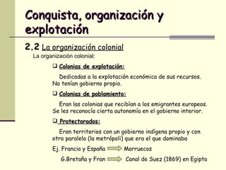 Conquista, organización y explotación 2.2   La organización colonial La organización colonial: Colonias de explotación: Dedicadas a la explotación económica de sus recursos. No tenían gobierno propio. Colonias de poblamiento: Eran las colonias que recibían a los emigrantes europeos. Se les reconocía cierta autonomía en el gobierno interior. Protectorados:   Eran territorios con un gobierno indígena propio y con otro paralelo (la metrópoli) que era el que dominaba Ej. Francia y España  Marruecos G.Bretaña y Fran  Canal de Suez (1869) en Egipto 