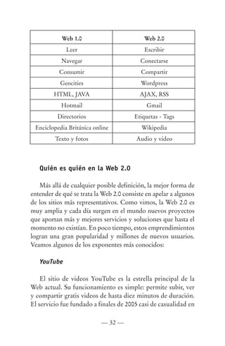 Web 1.0                         Web 2.0
             Leer                           Escribir
           Navegar                        Conectarse
           Consumir                        Compartir
           Geocities                       Wordpress
         HTML, JAVA                       AJAX, RSS
           Hotmail                           Gmail
          Directorios                   Etiquetas - Tags
 Enciclopedia Británica online             Wikipedia
         Texto y fotos                   Audio y video




   Quién es quién en la Web 2.0

   Más allá de cualquier posible definición, la mejor forma de
entender de qué se trata la Web 2.0 consiste en apelar a algunos
de los sitios más representativos. Como vimos, la Web 2.0 es
muy amplia y cada día surgen en el mundo nuevos proyectos
que aportan más y mejores servicios y soluciones que hasta el
momento no existían. En poco tiempo, estos emprendimientos
logran una gran popularidad y millones de nuevos usuarios.
Veamos algunos de los exponentes más conocidos:

   YouTube

    El sitio de videos YouTube es la estrella principal de la
Web actual. Su funcionamiento es simple: permite subir, ver
y compartir gratis videos de hasta diez minutos de duración.
El servicio fue fundado a finales de 2005 casi de casualidad en

                           — 32 —
 