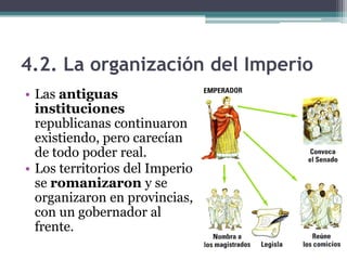 4.2. La organización del Imperio
• Las antiguas
  instituciones
  republicanas continuaron
  existiendo, pero carecían
  de todo poder real.
• Los territorios del Imperio
  se romanizaron y se
  organizaron en provincias,
  con un gobernador al
  frente.
 
