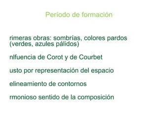 Alfred SISLEY (1839-1899) De ascendencia inglesa Comienza estudios de comercio en Londres pero vuelve a Francia para estudiar pintura Temperamento suave y sensitivo 1862: taller de Gleyre. Conoce a Monet, Renoir y Bazille Hasta 1869: trabajan juntos a orillas del Sena al aire libre 