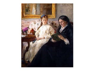 Berthe MORISOT (1841- 1895) Hija de prefecto rico y culto Educación artística clásica con Guichard. Estudio ante las obras del Louvre 1861: conoce a Corot, a Daubigny y a Daumier 1868: conoce a Manet. Amigos íntimos. Entra en su círculo. Amistad con Degas y Puis de Chanvannes. Casada con su hermano Eugène (1874). Participa en casi todas las exposiciones impresionistas 