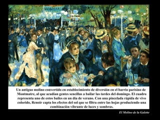 Edgar Degas Degas es un impresionista de la forma más que del color. Aunque participó en siete de las ocho exposiciones impresionistas, su arte se mantiene al margen, porque Degas encarna la vena del clasicismo.   Degas es un hábil dibujante, le preocupó captar el movimiento con fidelidad, de ahí que le obsesionaran temas como las bailarinas y las carreras de caballos. Trabaja los mismos temas que Lautrec, pero no desde la óptica expresionista como éste, sino desde la clásica. Degas es un observador nato de la mujer. Le gusta captar las posturas más insólitas, las poses naturales e instantáneas. Muchas de sus composiciones presentan asimetrías y los bordes cortados. Ello se debe al influjo de la fotografía y de los grabados del arte japonés. En él, la luz vibrante de las atmósferas de Monet se convierten el luz pálida de candilejas. Podría decirse que Degas representa el "Impresionismo de Interior".   