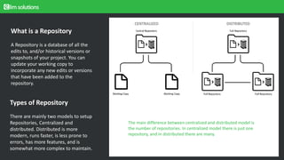 Approach for the design, setup, and operation of a configuration control repository.
The design, coding, deployment, and maintenance for the products in his current role.
What is a Repository
A Repository is a database of all the
edits to, and/or historical versions or
snapshots of your project. You can
update your working copy to
incorporate any new edits or versions
that have been added to the
repository.
Types of Repository
There are mainly two models to setup
Repositories, Centralized and
distributed. Distributed is more
modern, runs faster, is less prone to
errors, has more features, and is
somewhat more complex to maintain.
The main difference between centralized and distributed model is
the number of repositories. In centralized model there is just one
repository, and in distributed there are many.
 