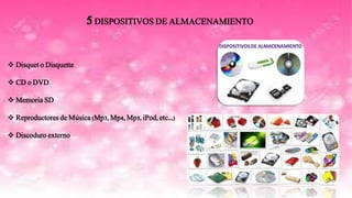 5DISPOSITIVOS DE ALMACENAMIENTO
 Disquet o Disquette
 CD o DVD
 Memoria SD
 Reproductores de Música (Mp3, Mp4, Mp5, iPod, etc...)
 Discoduro externo
 