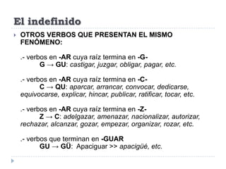 El indefinido


OTROS VERBOS QUE PRESENTAN EL MISMO
FENÓMENO:

.- verbos en -AR cuya raíz termina en -GG → GU: castigar, ...