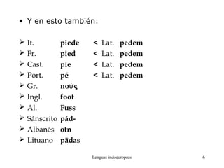 Lenguas indoeuropeas 6
• Y en esto también:
 It. piede < Lat. pedem
 Fr. pied < Lat. pedem
 Cast. pie < Lat. pedem
 Port. pé < Lat. pedem
 Gr. πο ςύ
 Ingl. foot
 Al. Fuss
 Sánscrito pád-
 Albanés otn
 Lituano pãdas
 