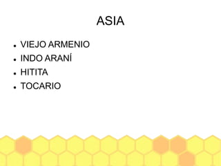 ASIA
 VIEJO ARMENIO
 INDO ARANÍ
 HITITA
 TOCARIO
 
