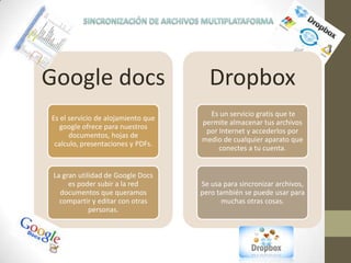 Google docs
Es el servicio de alojamiento que
google ofrece para nuestros
documentos, hojas de
calculo, presentaciones y PDFs.
La gran utilidad de Google Docs
es poder subir a la red
documentos que queramos
compartir y editar con otras
personas.
Dropbox
Es un servicio gratis que te
permite almacenar tus archivos
por Internet y accederlos por
medio de cualquier aparato que
conectes a tu cuenta.
Se usa para sincronizar archivos,
pero también se puede usar para
muchas otras cosas.
 