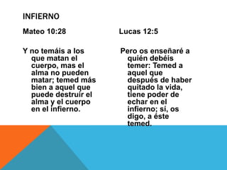 Mateo 10:28
Y no temáis a los
que matan el
cuerpo, mas el
alma no pueden
matar; temed más
bien a aquel que
puede destruir el
alma y el cuerpo
en el infierno.
Lucas 12:5
Pero os enseñaré a
quién debéis
temer: Temed a
aquel que
después de haber
quitado la vida,
tiene poder de
echar en el
infierno; sí, os
digo, a éste
temed.
INFIERNO
 