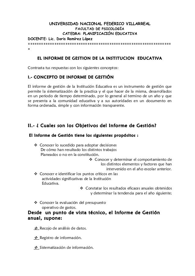 El Informe De Gestion De La Institucion Educativa
