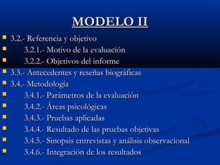 MMOODDEELLOO IIII 
 33..22..-- RReeffeerreenncciiaa yy oobbjjeettiivvoo 
 33..22..11..-- MMoottiivvoo ddee llaa eevvaalluuaacciióónn 
 33..22..22..-- OObbjjeettiivvooss ddeell iinnffoorrmmee 
 33..33..-- AAnntteecceeddeenntteess yy rreesseeññaass bbiiooggrrááffiiccaass 
 33..44..-- MMeettooddoollooggííaa 
 33..44..11..-- PPaarráámmeettrrooss ddee llaa eevvaalluuaacciióónn 
 33..44..22..-- ÁÁrreeaass ppssiiccoollóóggiiccaass 
 33..44..33..-- PPrruueebbaass aapplliiccaaddaass 
 33..44..44..-- RReessuullttaaddoo ddee llaass pprruueebbaass oobbjjeettiivvaass 
 33..44..55..-- SSiinnooppssiiss eennttrreevviissttaass yy aannáálliissiiss oobbsseerrvvaacciioonnaall 
 33..44..66..-- IInntteeggrraacciióónn ddee llooss rreessuullttaaddooss 
 