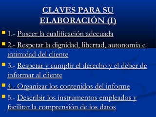 CCLLAAVVEESS PPAARRAA SSUU 
EELLAABBOORRAACCIIÓÓNN ((II)) 
 11..-- PPoosseeeerr llaa ccuuaalliiffiiccaacciióónn aaddeeccuuaaddaa 
 22..-- RReessppeettaarr llaa ddiiggnniiddaadd,, lliibbeerrttaadd,, aauuttoonnoommííaa ee 
iinnttiimmiiddaadd ddeell cclliieennttee 
 33..-- RReessppeettaarr yy ccuummpplliirr eell ddeerreecchhoo yy eell ddeebbeerr ddee 
iinnffoorrmmaarr aall cclliieennttee 
 44..-- OOrrggaanniizzaarr llooss ccoonntteenniiddooss ddeell iinnffoorrmmee 
 55..-- DDeessccrriibbiirr llooss iinnssttrruummeennttooss eemmpplleeaaddooss yy 
ffaacciilliittaarr llaa ccoommpprreennssiióónn ddee llooss ddaattooss 
 