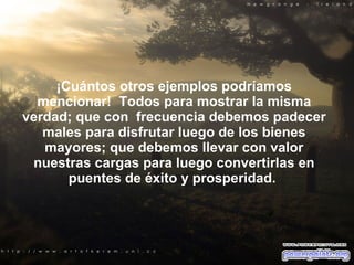 ¡Cuántos otros ejemplos podríamos mencionar!  Todos para mostrar la misma verdad; que con  frecuencia debemos padecer males para disfrutar luego de los bienes mayores; que debemos llevar con valor nuestras cargas para luego convertirlas en puentes de éxito y prosperidad.  