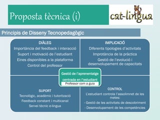 Proposta tècnica (i)
Principis de Disseny Tecnopedagògic
                   DIÀLEG                                       IMPLICACIÓ
     Importància del feedback i interacció            Diferents tipologies d’activitats
       Suport i motivació de l’estudiant                 Improtància de la pràctica
       Eines disponibles a la plataforma                   Gestió de l’evolució i
             Control del professor                    desenvolupament de capacitats

                                    Gestió de l’aprenentatge
                                     centrada en l’estudiant
                                       Professor com a guia
                                                                    CONTROL
                     SUPORT
                                                     L’estudiant controla l’assolimnet de les
        Tecnològic, acadèmic i tutorització
                                                                     metes:
         Feedback constant i multicanal
                                                   - Gestió de les activitats de descobriment
              Servei tècnic e-lingua
                                                    - Desenvolupament de les competències
 