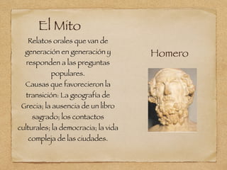El Mito
Relatos orales que van de
generación en generación y
responden a las preguntas
populares.
Causas que favorecieron la
transición: La geografía de
Grecia; la ausencia de un libro
sagrado; los contactos
culturales; la democracia; la vida
compleja de las ciudades.
Homero
 