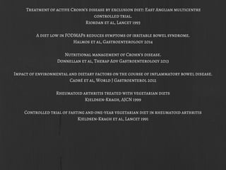 Treatment of active Crohn's disease by exclusion diet: East Anglian multicentre
controlled trial.
Riordan et al, Lancet 1993
A diet low in FODMAPs reduces symptoms of irritable bowel syndrome.
Halmos et al, Gastroenterology 2014
Nutritional management of Crohn's disease.
Donnellan et al, Therap Adv Gastroenterology 2013
Impact of environmental and dietary factors on the course of inflammatory bowel disease.
Cadré et al, World J Gastroenterol 2012
Rheumatoid arthritis treated with vegetarian diets
Kjeldsen-Kragh, AJCN 1999
Controlled trial of fasting and one-year vegetarian diet in rheumatoid arthritis
Kjeldsen-Kragh et al, Lancet 1991
 
