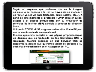 Según el esquema que podemos ver en la imagen,
un usuario se conecta a la red (a través de un módem o
un router, ya sea vía línea telefónica, cable, satélite, etc...). A
partir de este momento el protocolo TCP/IP entra en juego,
gracias a él puedes comunicarte con tu Proveedor de
servicios de Internet (ISP) dándole a conocer tu dirección
física.
Utilizando TCP/IP, el ISP asigna una dirección IP a tu PC y en
ese momento se te da acceso a la red.
Cuando queremos acceder a una página proporcionamos
un dominio que es traducido en los Servidores DNS y
localizado. Cuando sabemos en qué Servidor Web se
encuentra la página que queremos visitar se procede a su
descarga y visualización en el navegador del PC.
 