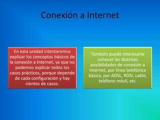 Conexión a Internet

En esta unidad intentaremos
explicar los conceptos básicos de
la conexión a Internet, ya que no
podemos explicar todos los
casos prácticos, porque depende
de cada configuración y hay
cientos de casos.

También puede interesarte
conocer las distintas
posibilidades de conexión a
Internet, por línea telefónica
básica, por ADSL, RDSI, cable,
teléfono móvil, etc.

 