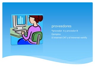 proveedores
*provedor A y provedor B
Ejemplos
El internet CNT y el intrernet nettfly
 