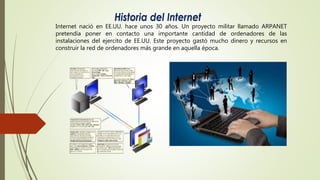 Internet nació en EE.UU. hace unos 30 años. Un proyecto militar llamado ARPANET
pretendía poner en contacto una importante cantidad de ordenadores de las
instalaciones del ejercito de EE.UU. Este proyecto gastó mucho dinero y recursos en
construir la red de ordenadores más grande en aquella época.
 